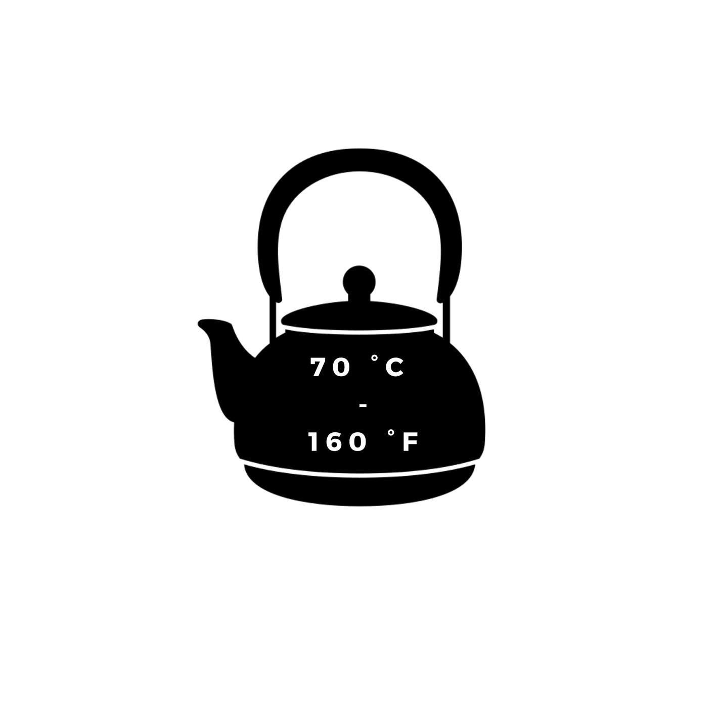 zwart pictogram van een theepot met temperatuurinstructies in graden voor 70 graden Celsius en 160 graden Fahrenheit