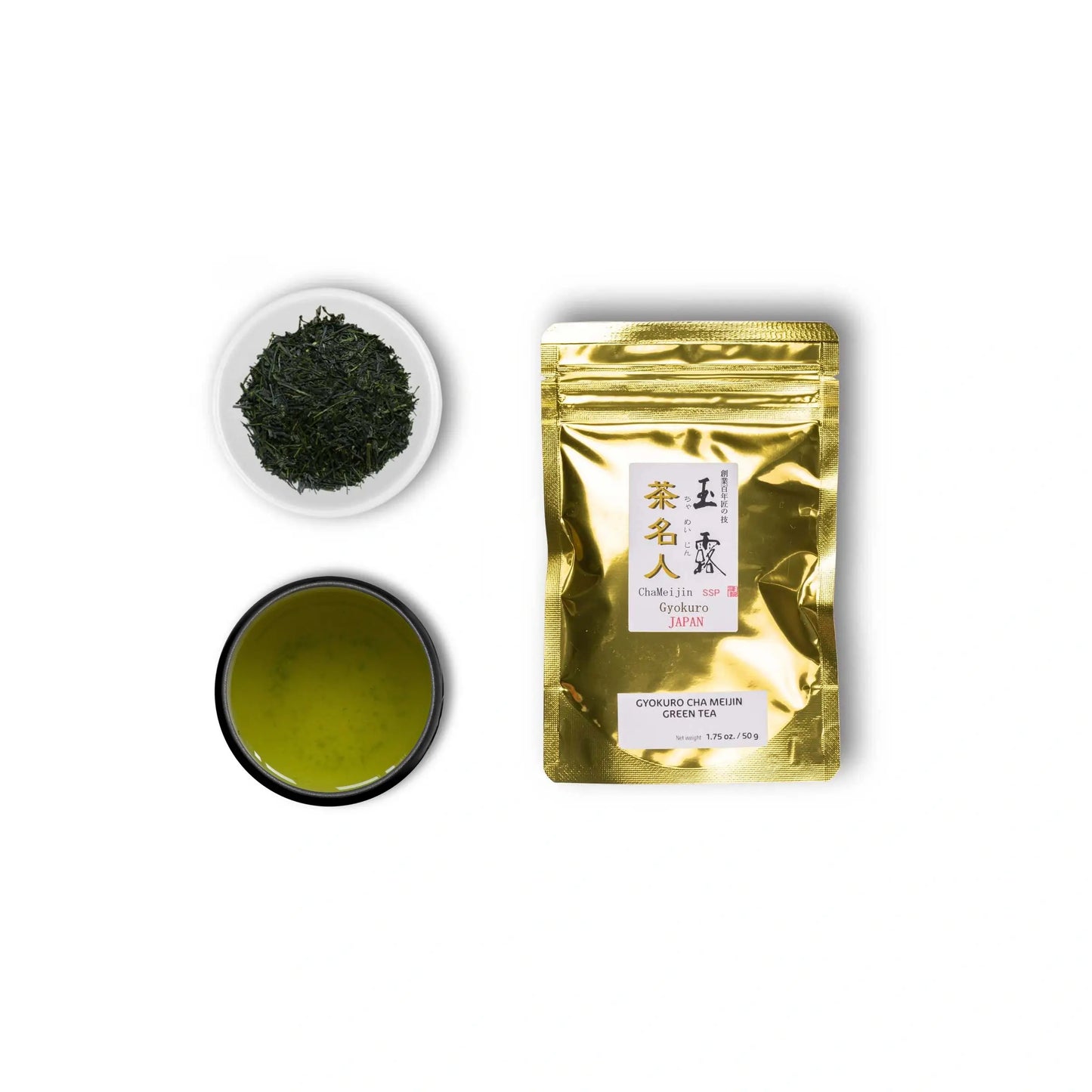 Gyokuro Saemidori Cha Meijin: Productverpakking, Gyokuro bladeren en gebrouwen Gyokuro thee in een kopje