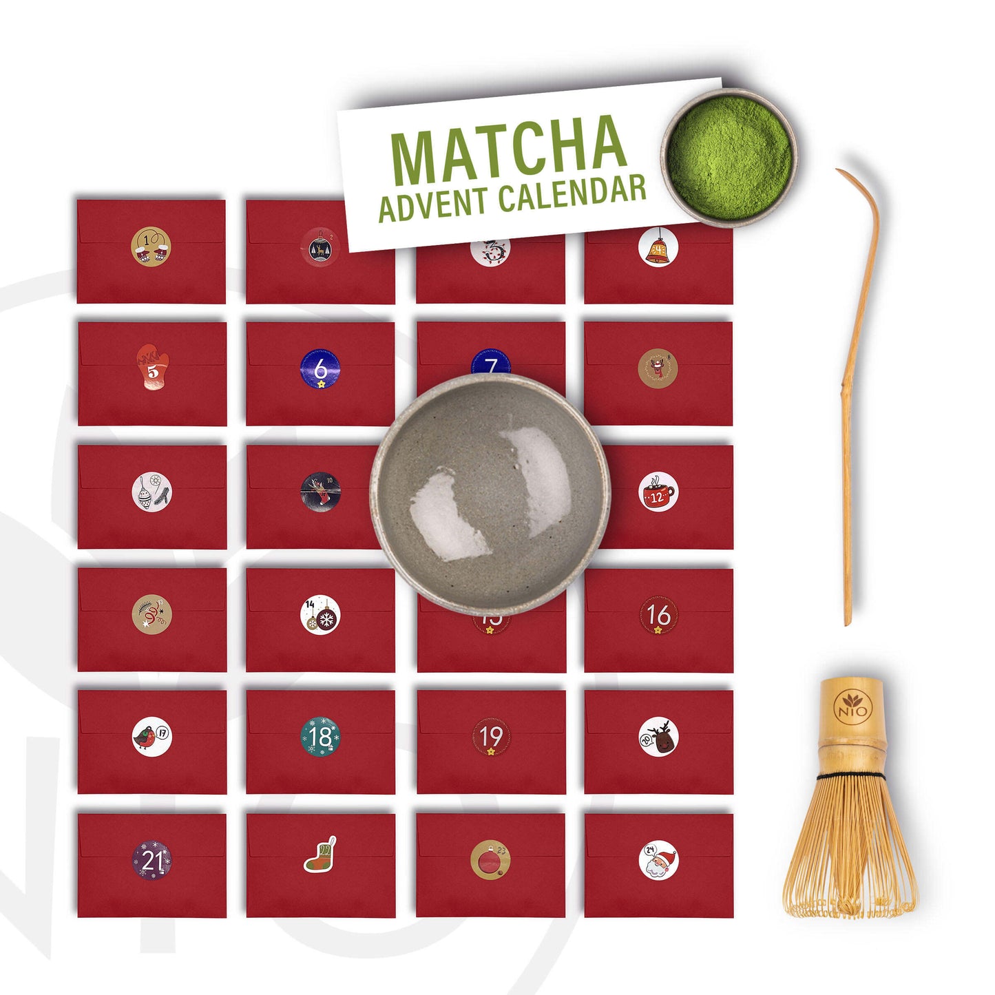 Matcha thee adventskalender 2024 met Whisk, Chawan en Chashaku