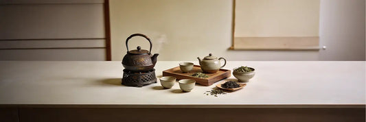 A complete Japanese tetsubin tea set laid out on a wooden surface, showing the cast iron teapot, matching cups, trivet, and infuser basket.