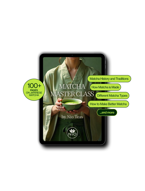 A digital mockup of a tablet displaying a matcha master class by Nio Teas, with green badge overlays detailing the course contents, set against a plain white background.