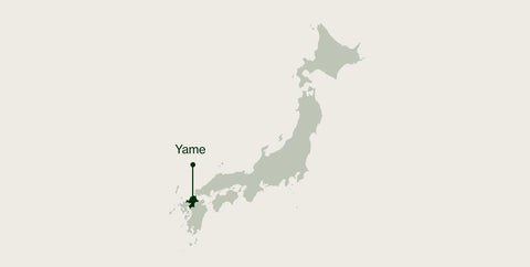 Map of Japan highlighting Yame in Fukuoka Prefecture, where Nio Teas tea is grown