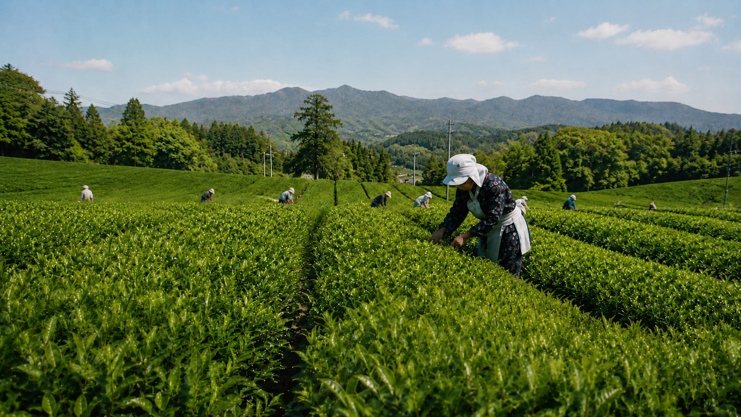Tea farmers hand-picking fresh shincha leaves in a lush southern Japanese tea field with mountains in the background